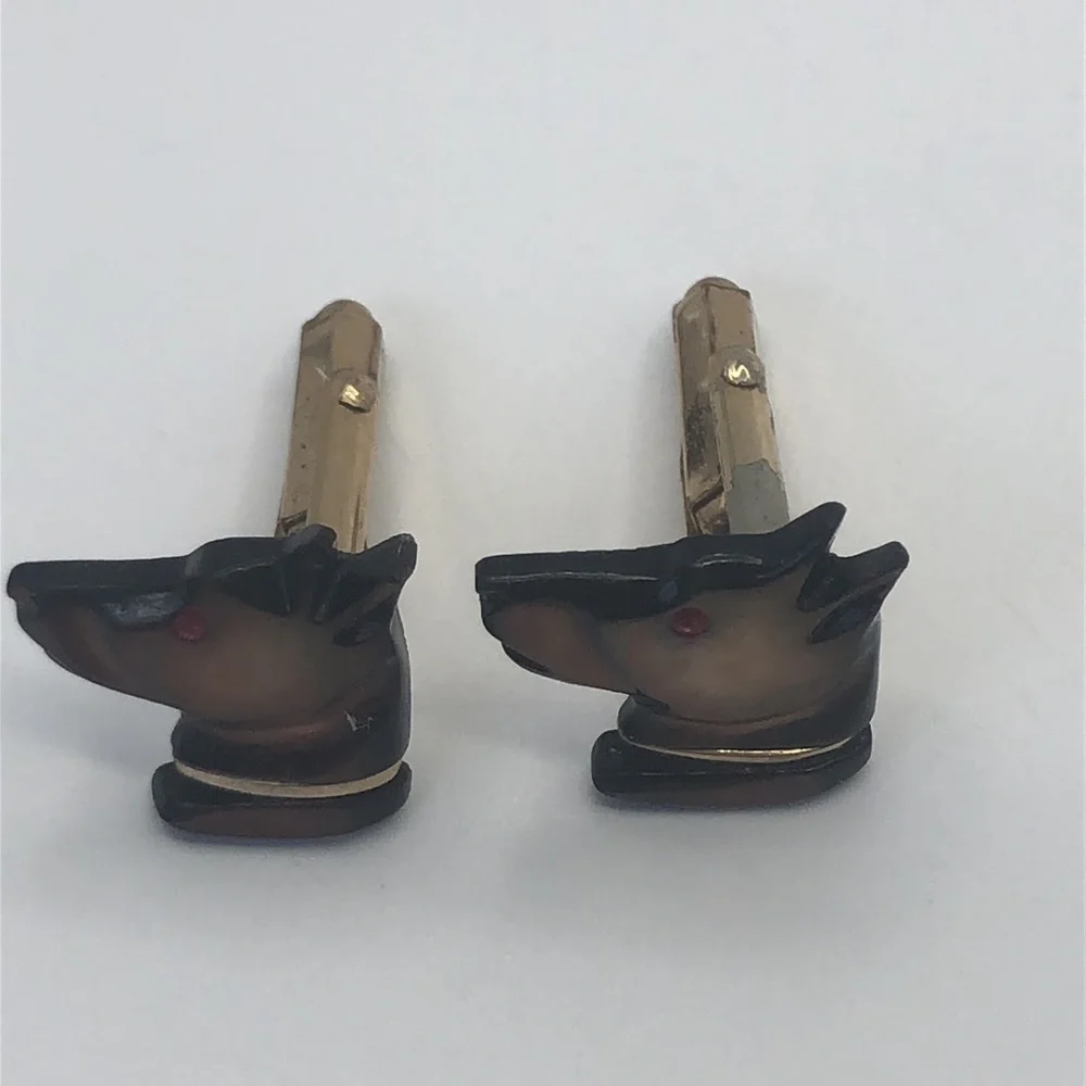 Mid century Mother of pearl dog head Cufflinks & Tie Bar VTG